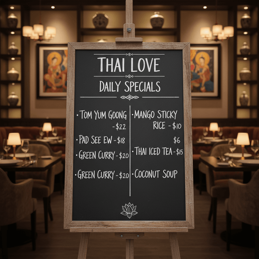 Hand-written daily specials board at Thai Love Restaurant