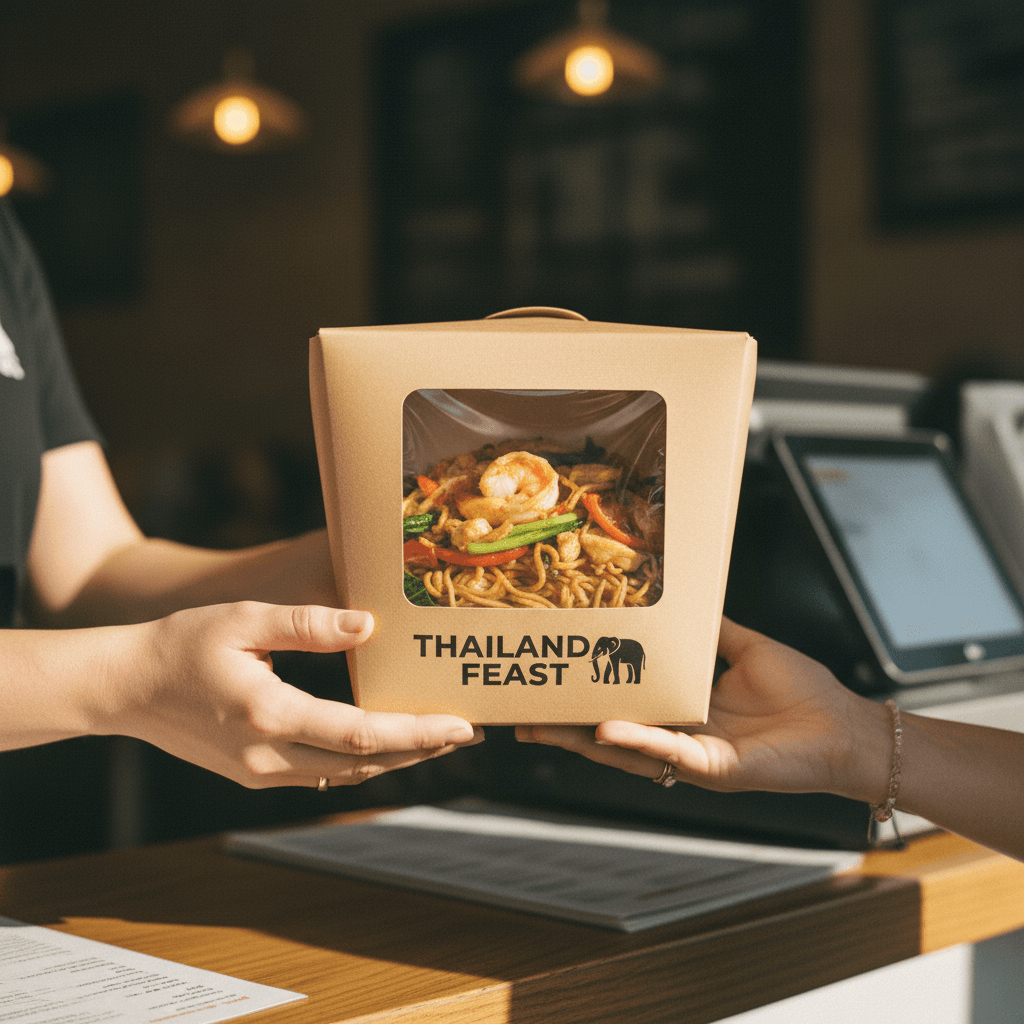Takeout container being handed over the counter at Thai Love Restaurant