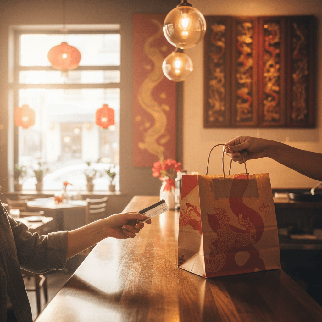 Takeout bag being handed across a restaurant counter