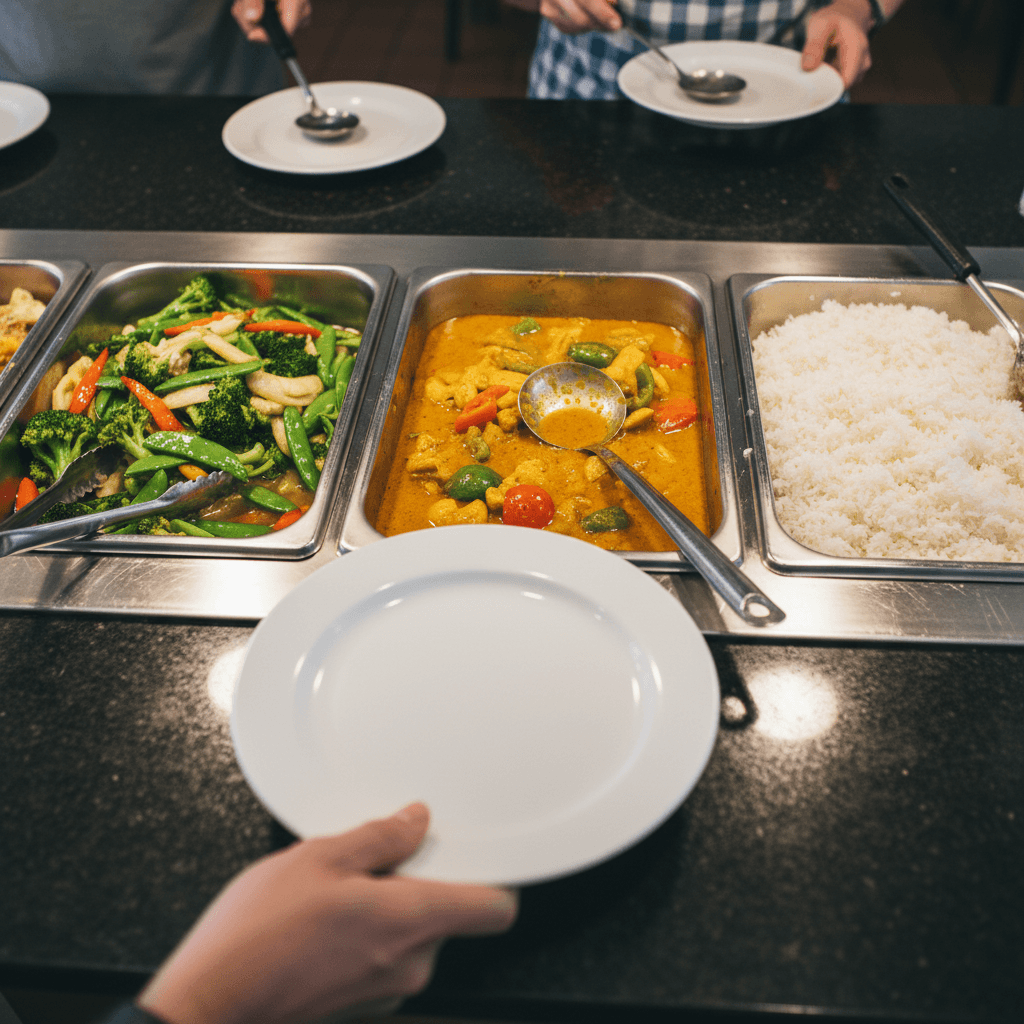 Self-serve lunch counter with Thai dishes and steam trays
