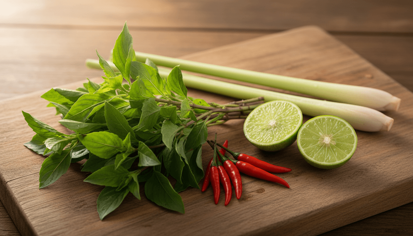 Fresh Thai herbs and ingredients including lemongrass, Thai basil, chilies, and lime on a wooden surface