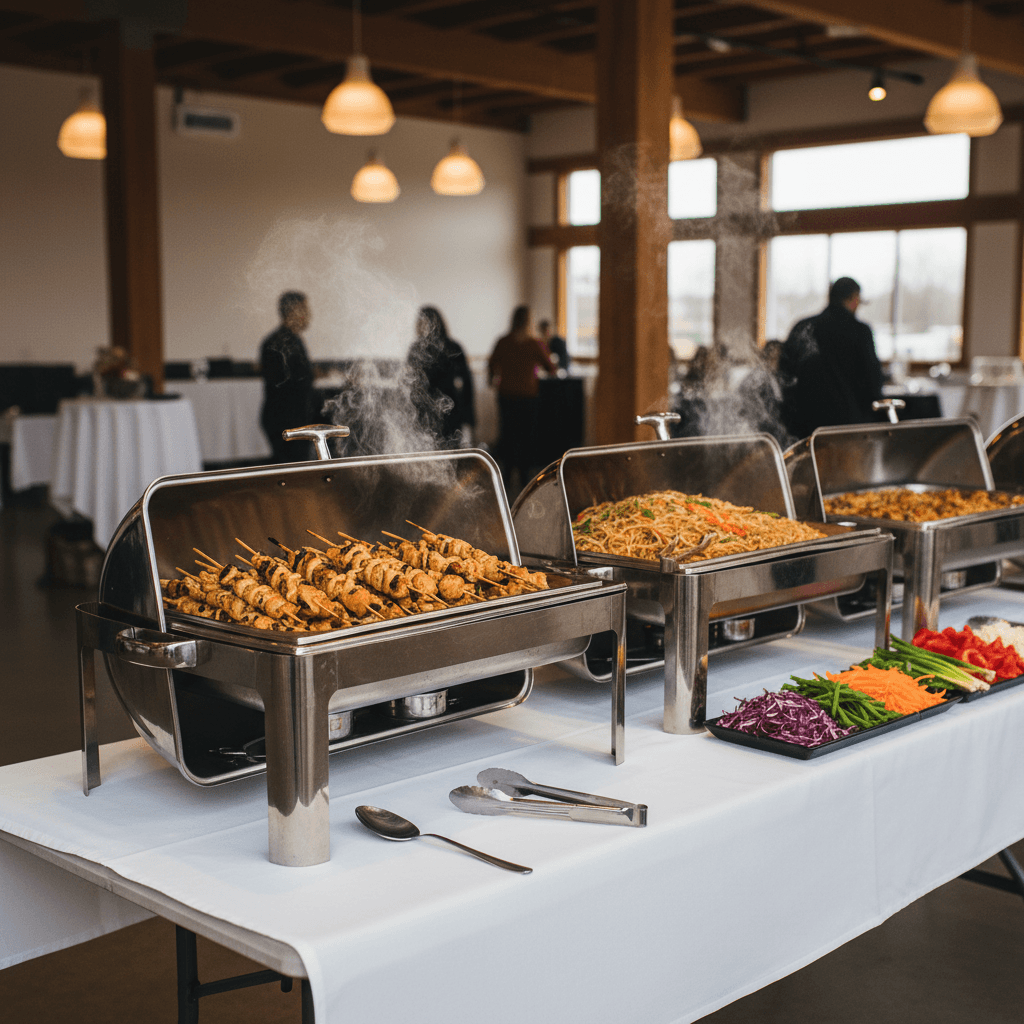 Thai catering buffet setup with chafing dishes and satay
