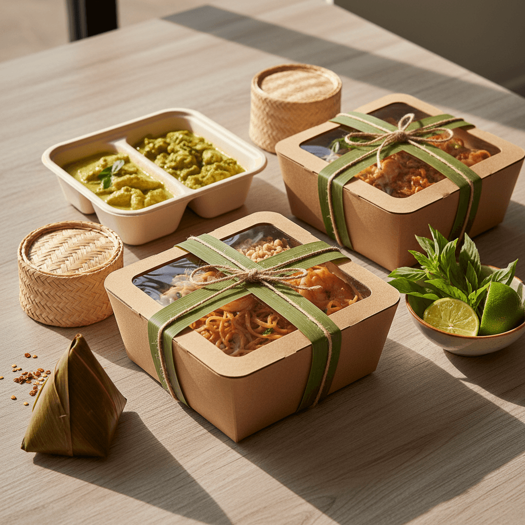 Boxed Thai lunch containers with curry and pad Thai