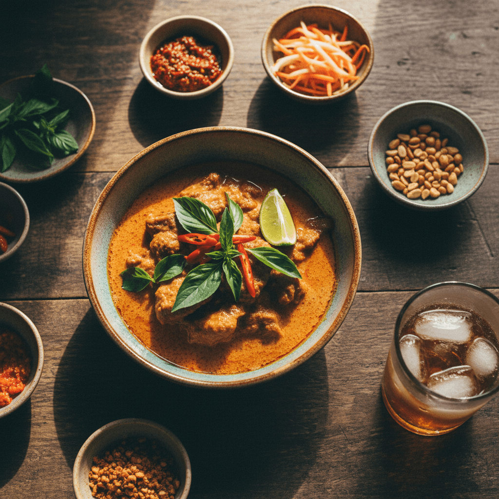 Professional catering spread of Thai dishes on a dining table
