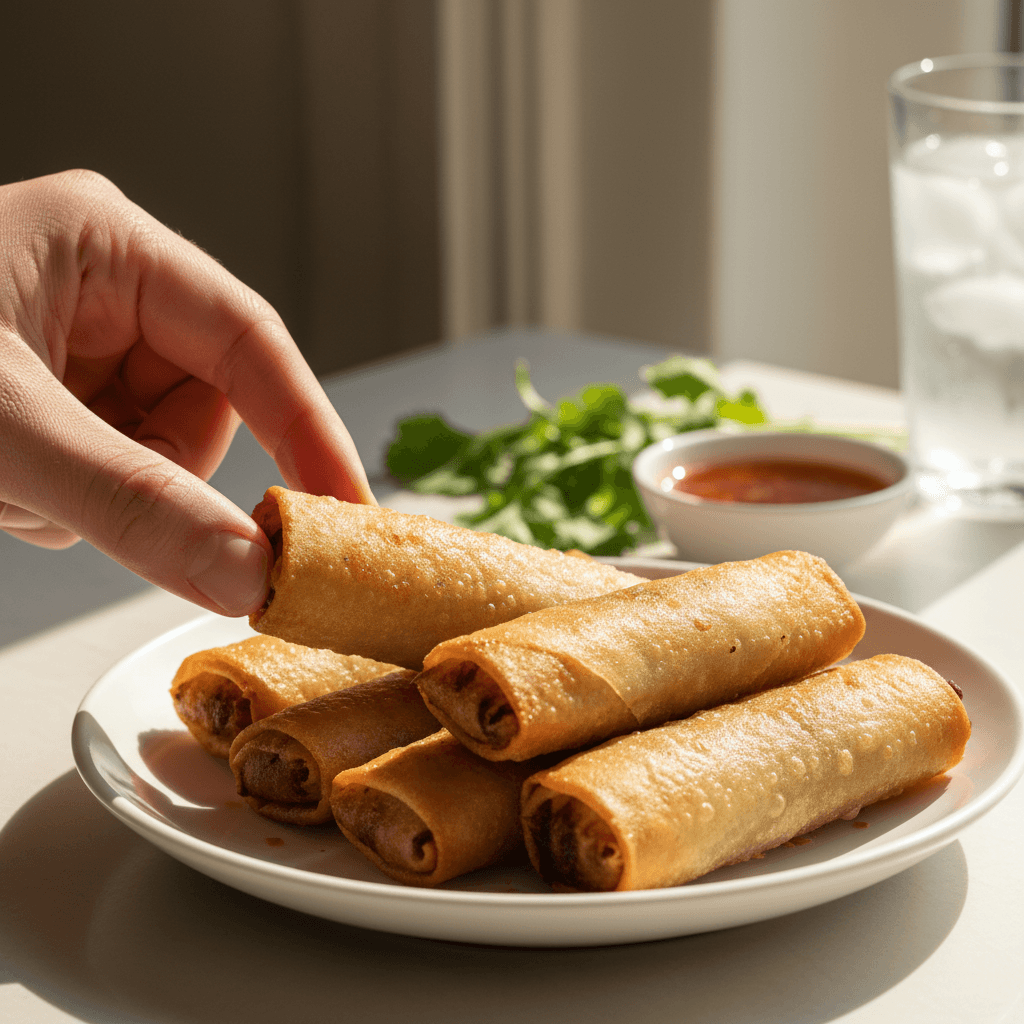 Fresh spring rolls with peanut dipping sauce and cilantro