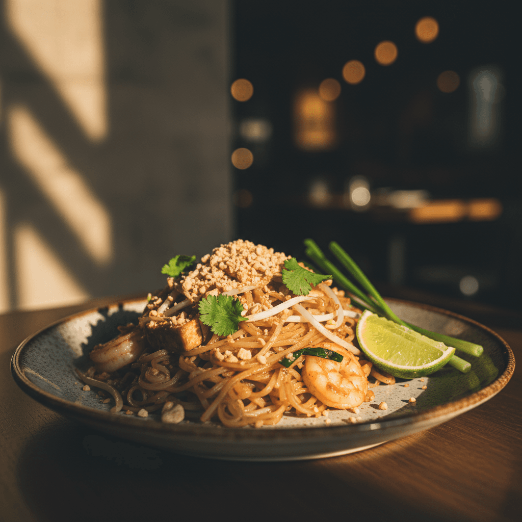 Pad Thai noodles with peanuts and lime wedge on ceramic plate