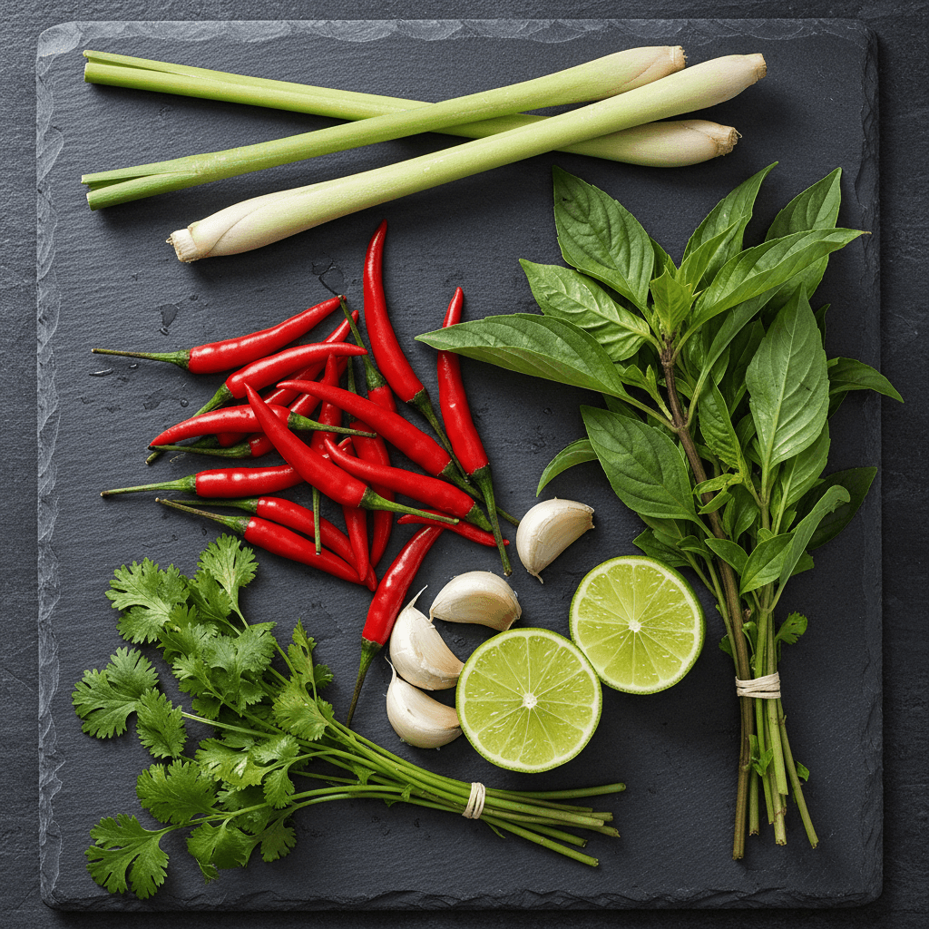 Fresh Thai ingredients including lemongrass, basil, lime, and chilies