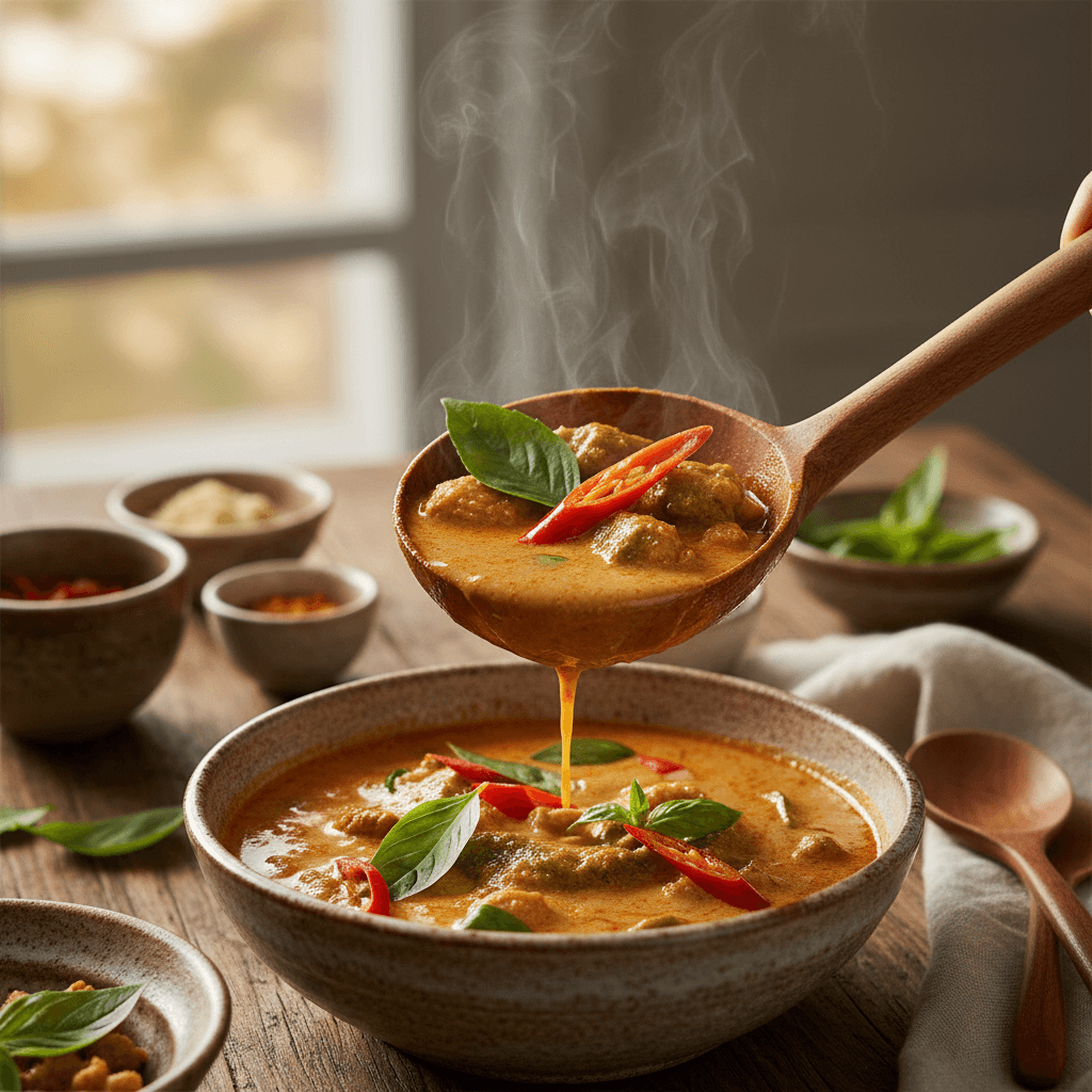 Steaming bowl of Thai green curry with chicken and basil